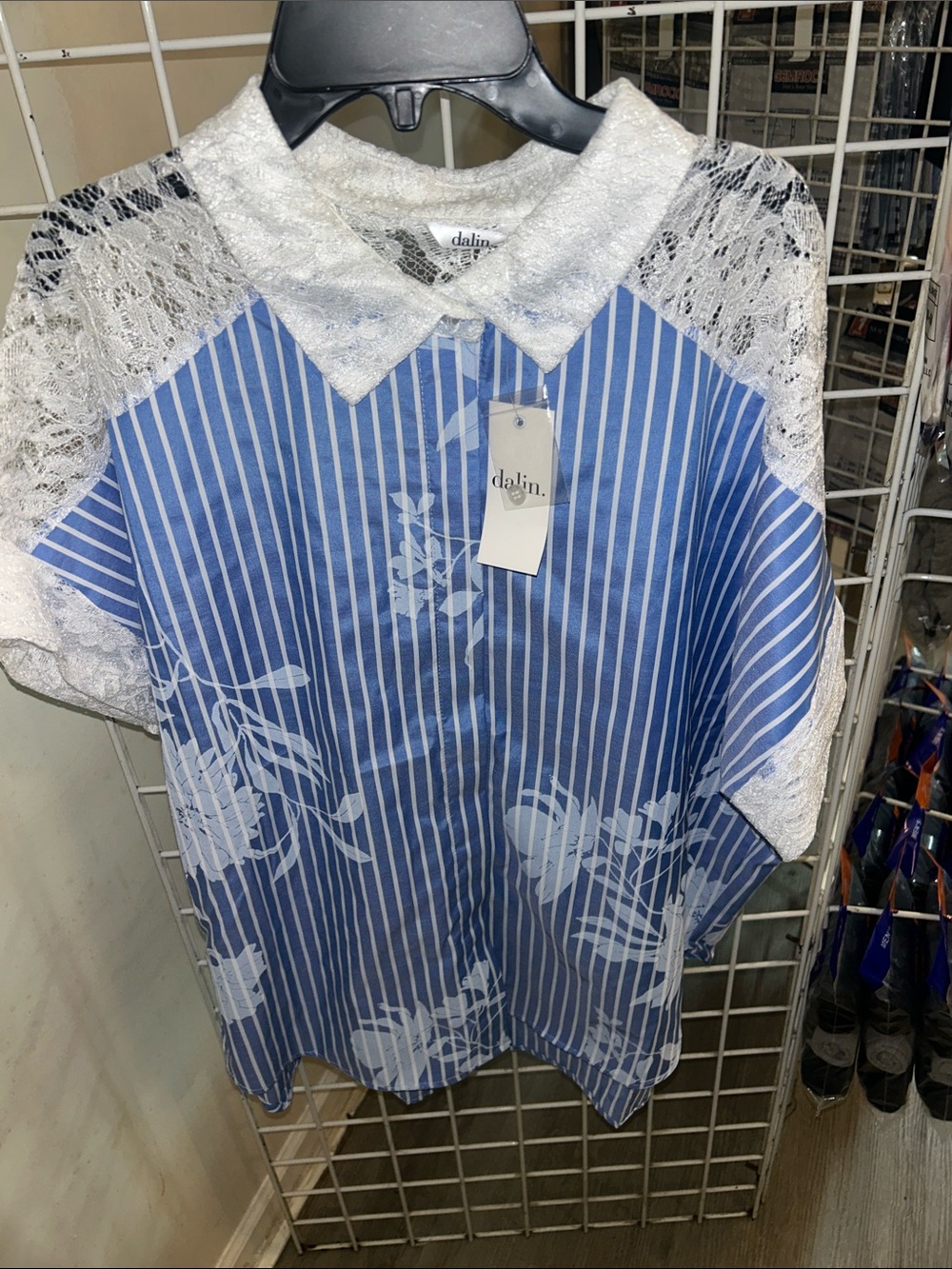 Dalin Blue & White Striped Lace-Trim Girls Blouse